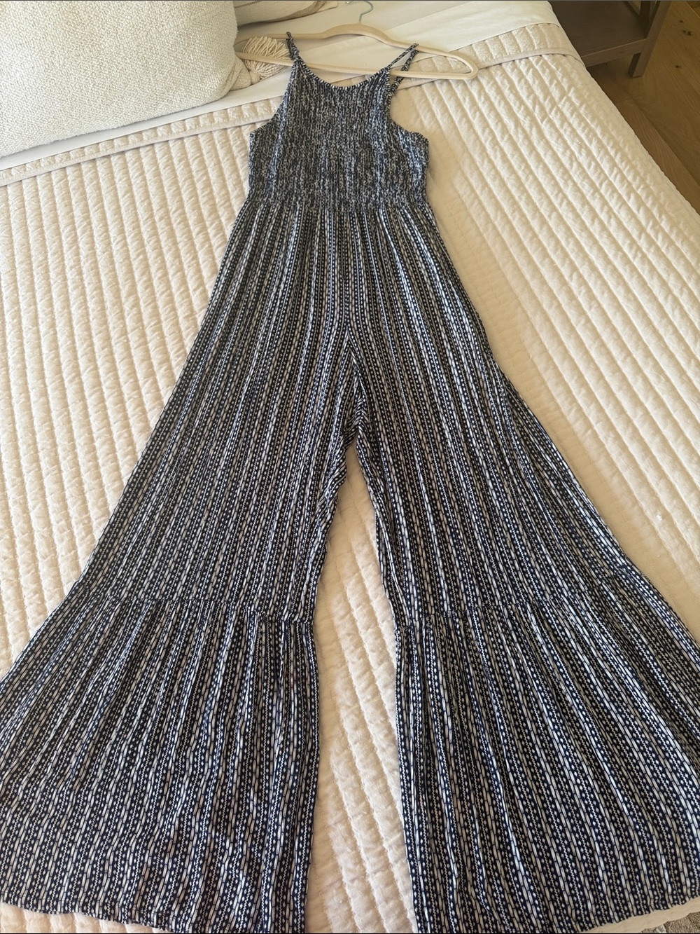 Smocked Strappy Wide-Leg Jumpsuit in Black & White